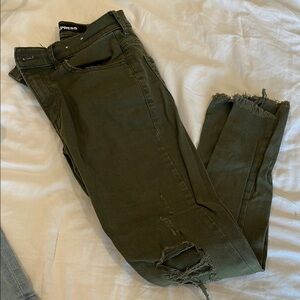 Express Green Ankle Cropped Jeans with Distressed Details